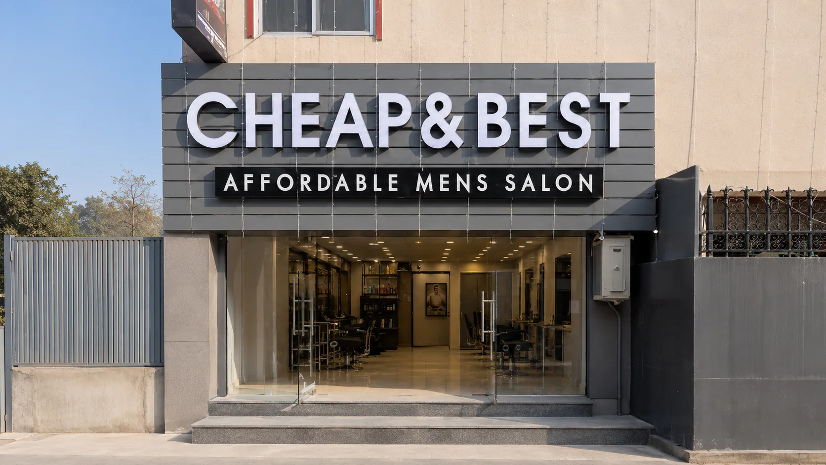 Cheap and Best salon storefront in Saligramam during the day.