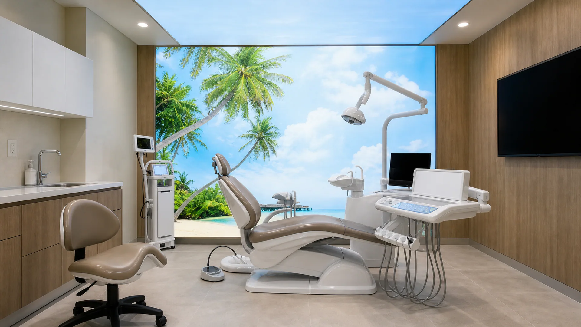 Dental treatment room with chair, equipment, wood-finished wall and illuminated tropical wall image.