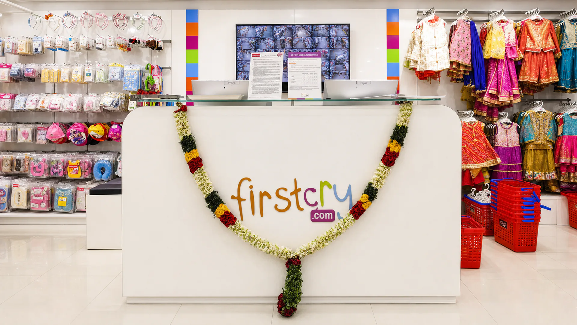 White Firstcry reception counter framed by baby accessories and children's clothing displays.