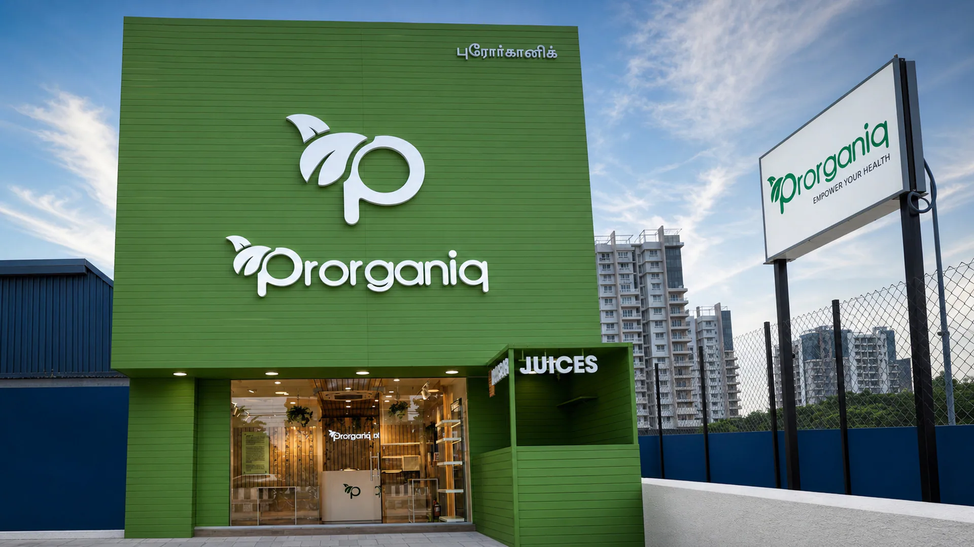 Daytime view of the green Prorganiq facade, signage and glazed entrance in Navalur, Chennai.