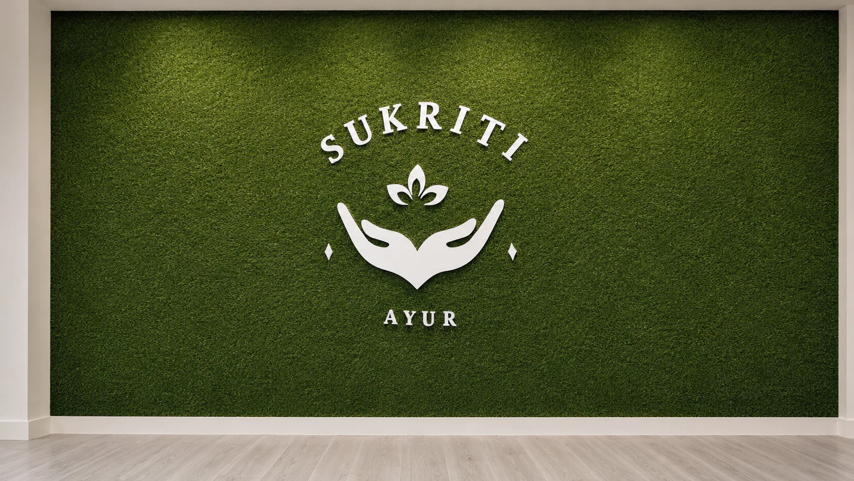Sukriti Ayur identity mounted on a green wall.