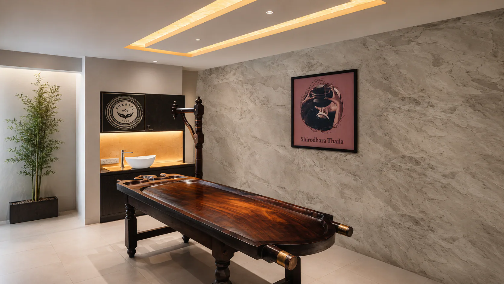 Treatment room with a central table and framed wall artwork.