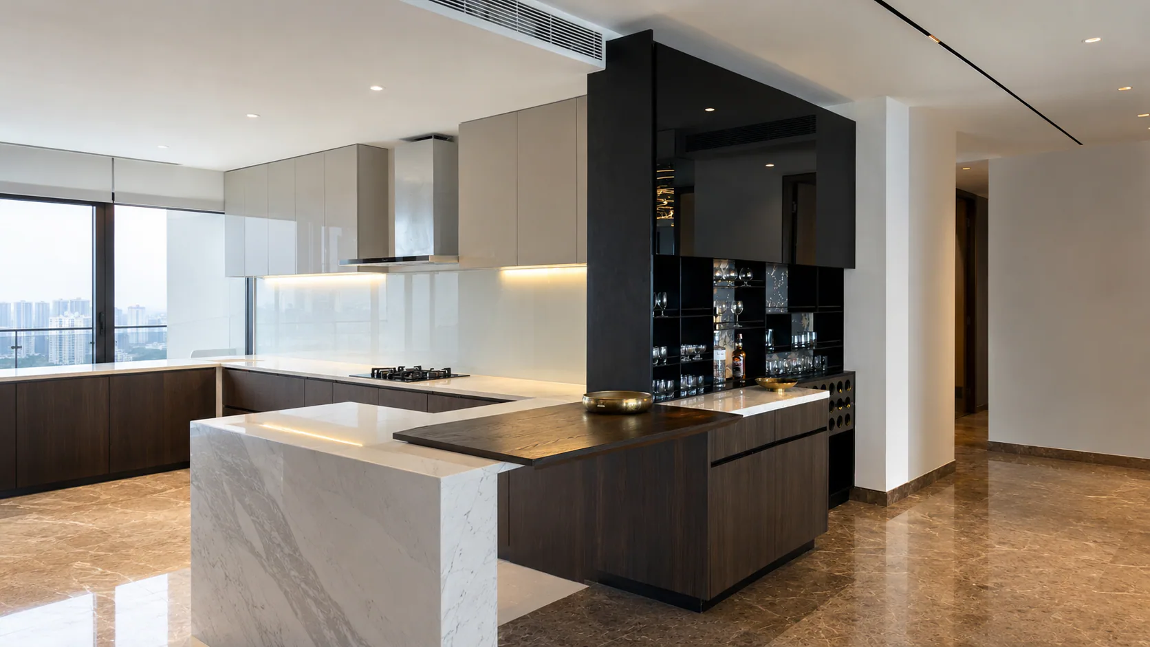 Kitchen with central island, integrated storage and an open passage to the residence.