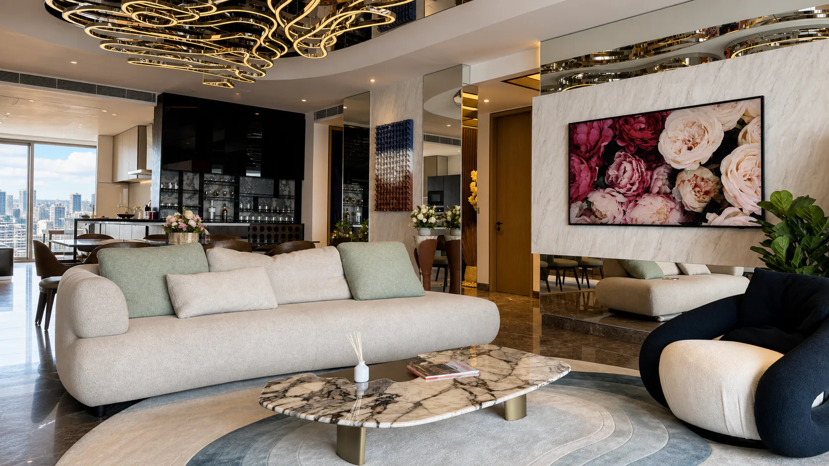 Living room with curved sofa, round tables and a large floral artwork.