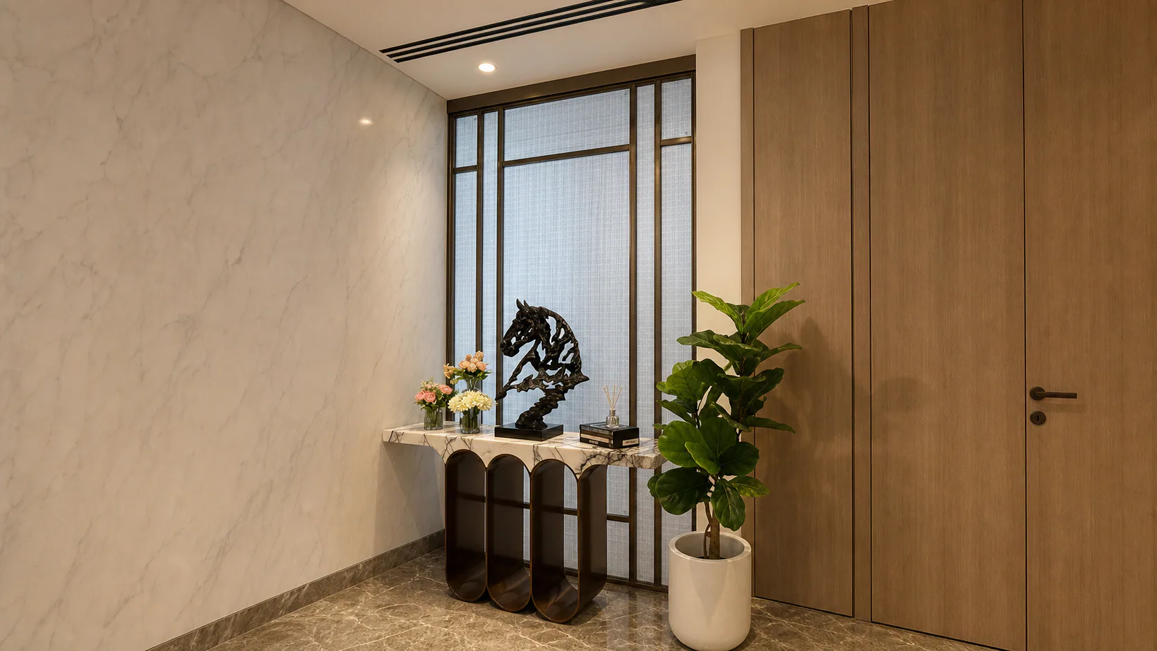 Entry console with decorative sculpture, plants and a screened window.