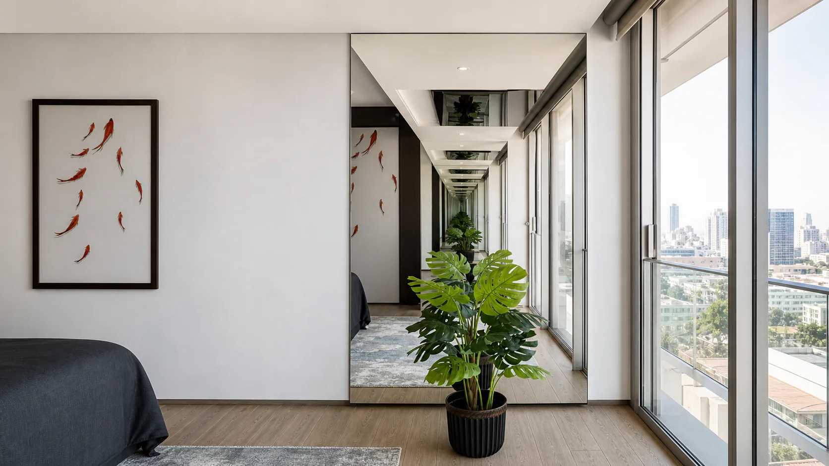 Bedroom window gallery with mirrors, plants and a city view.