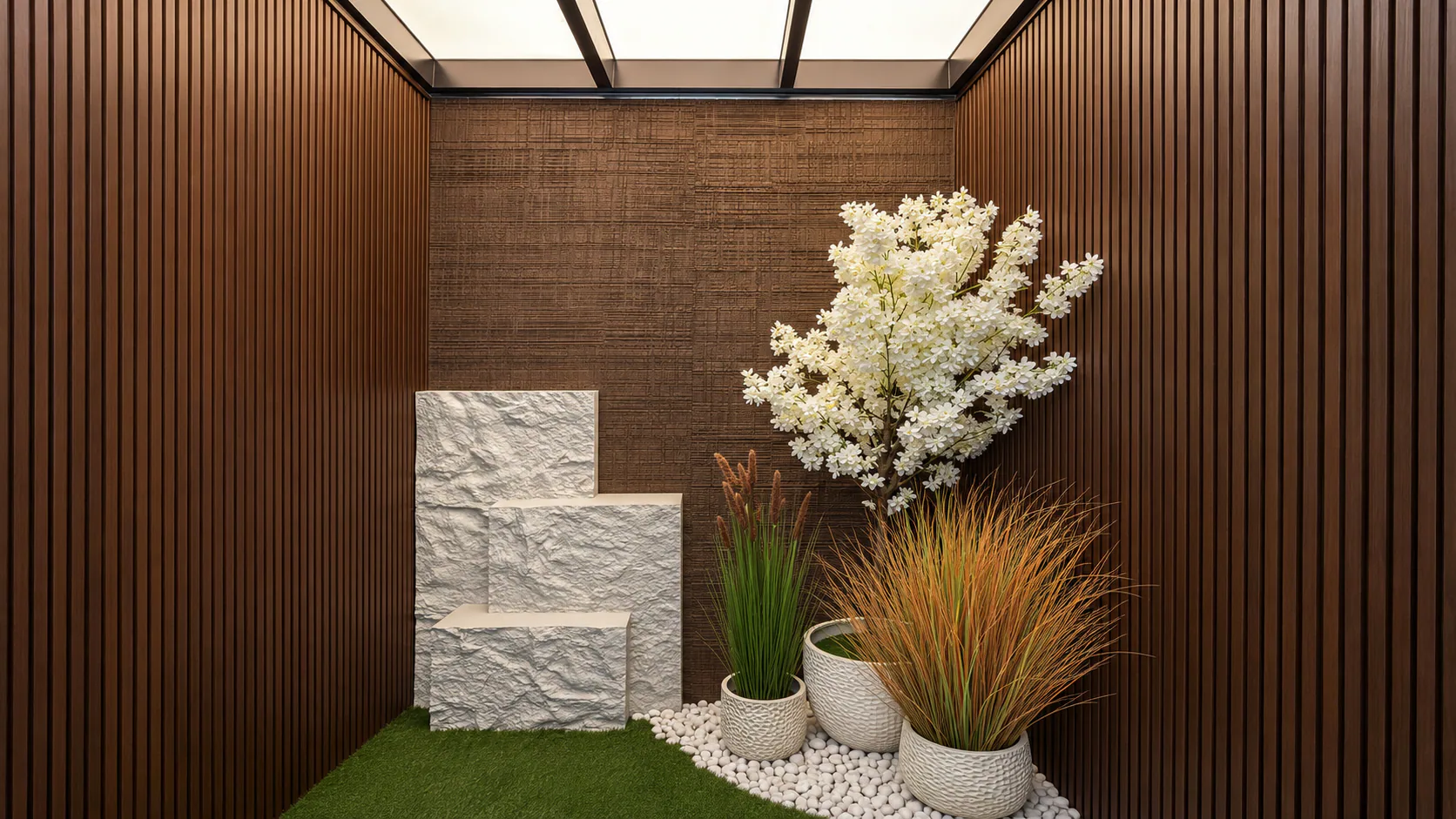Enclosed planted courtyard with vertical wall slats and overhead daylight.