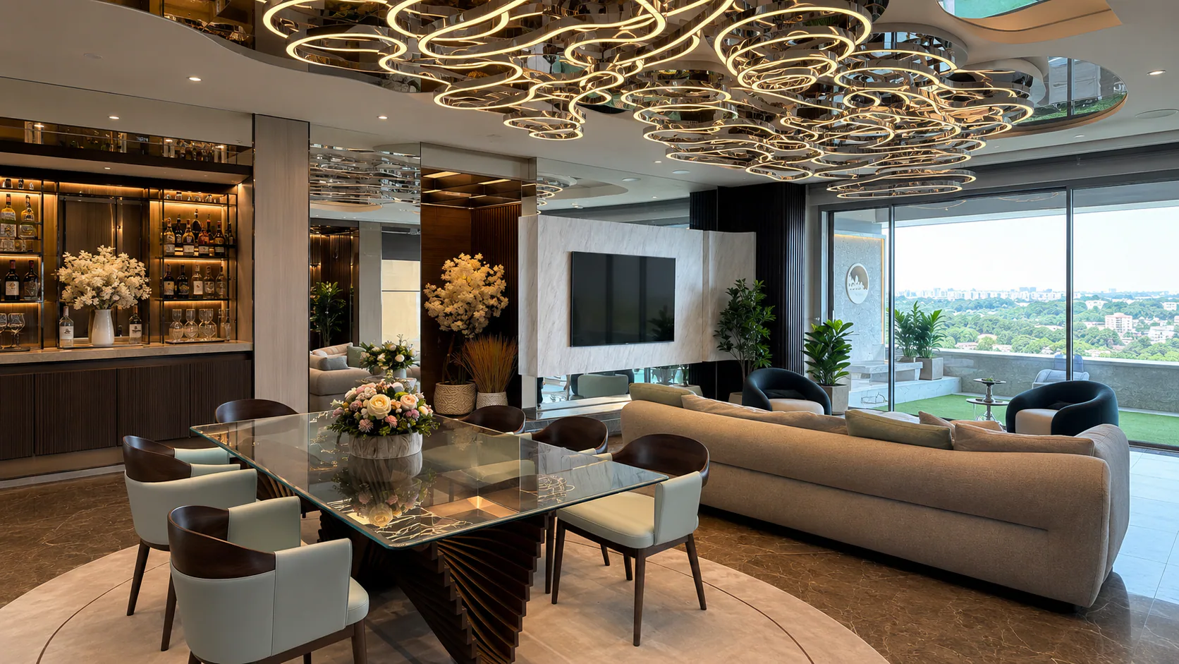 Wide living and dining room with ocean view, illuminated ceiling installation and open seating.