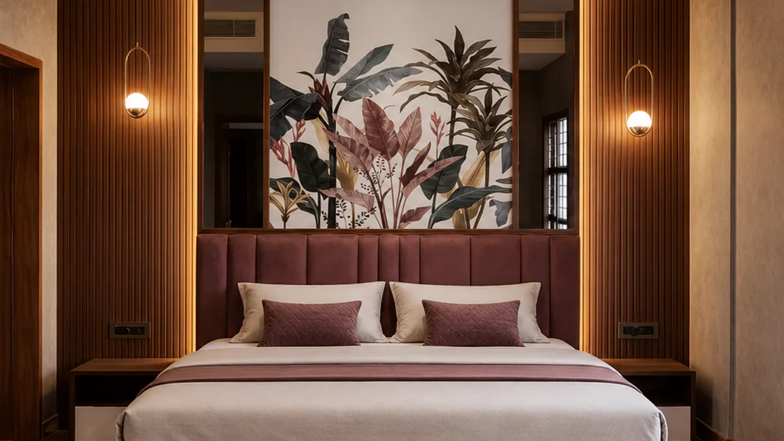 Symmetrical bedroom view with upholstered headboard, botanical panel and pendant lights.