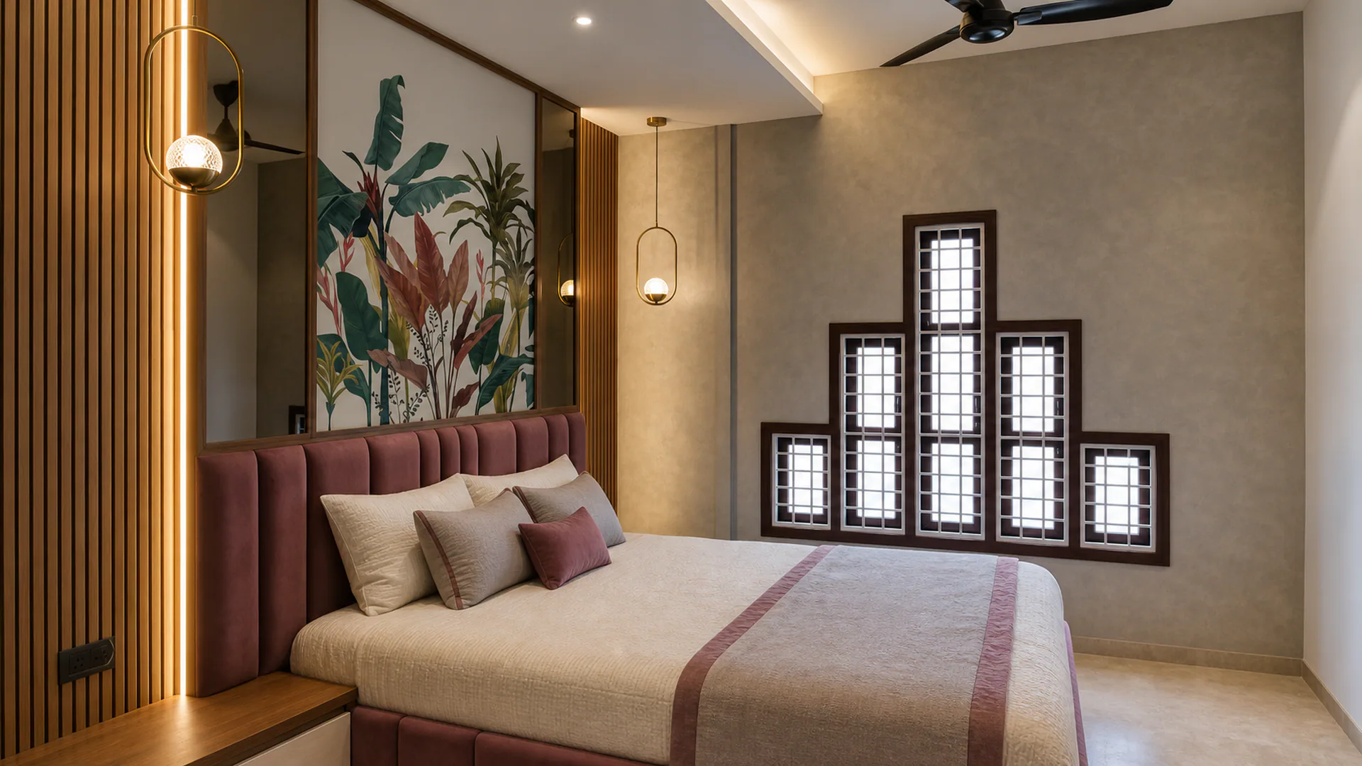 Bedroom with rose-toned upholstered bed, botanical panel and grouped windows.