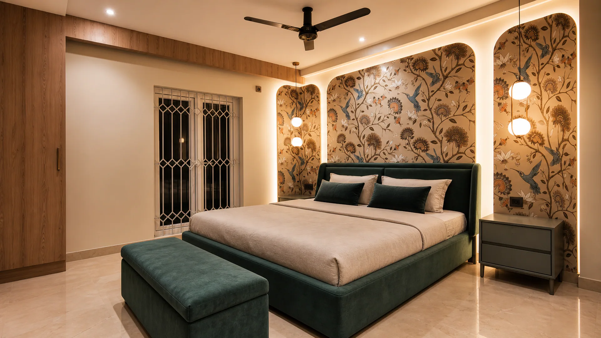 Angled bedroom view with teal upholstered bed and illuminated botanical wall panels.