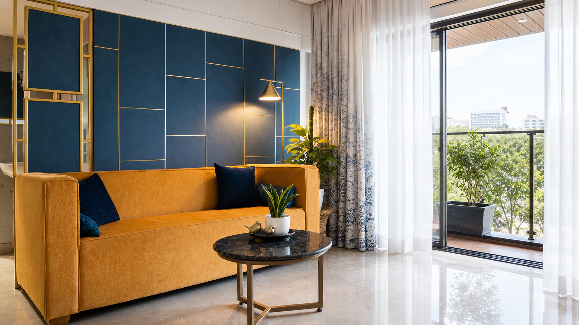 Mustard sofa and blue paneled wall beside a bright glazed balcony opening.