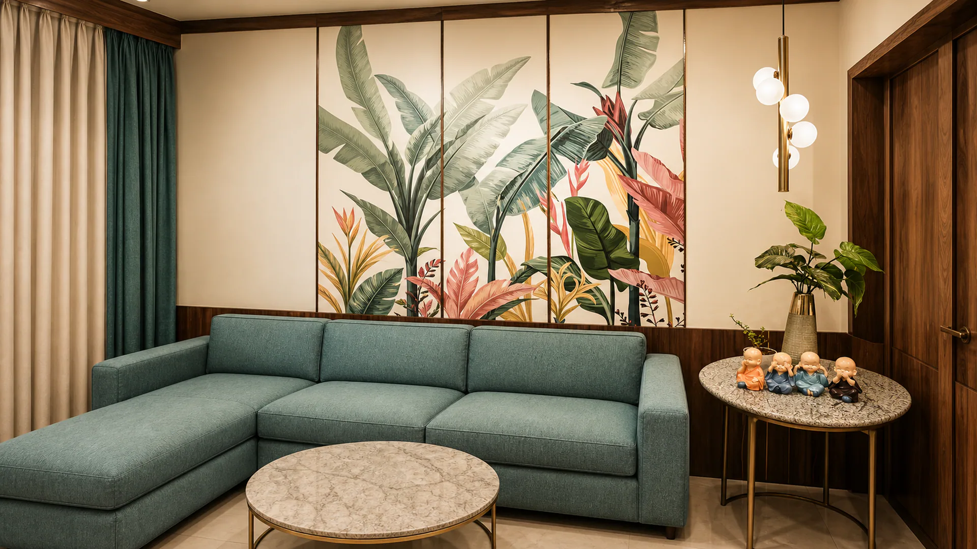 Green corner sofa set against a botanical wall panel and timber-finished wall.