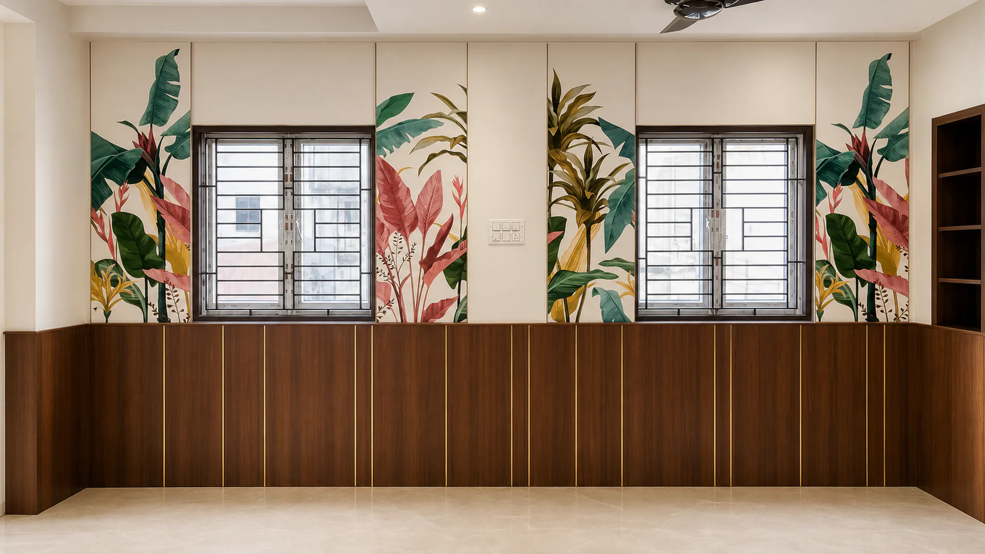 Wide built-in wall composition with botanical panels and two windows.