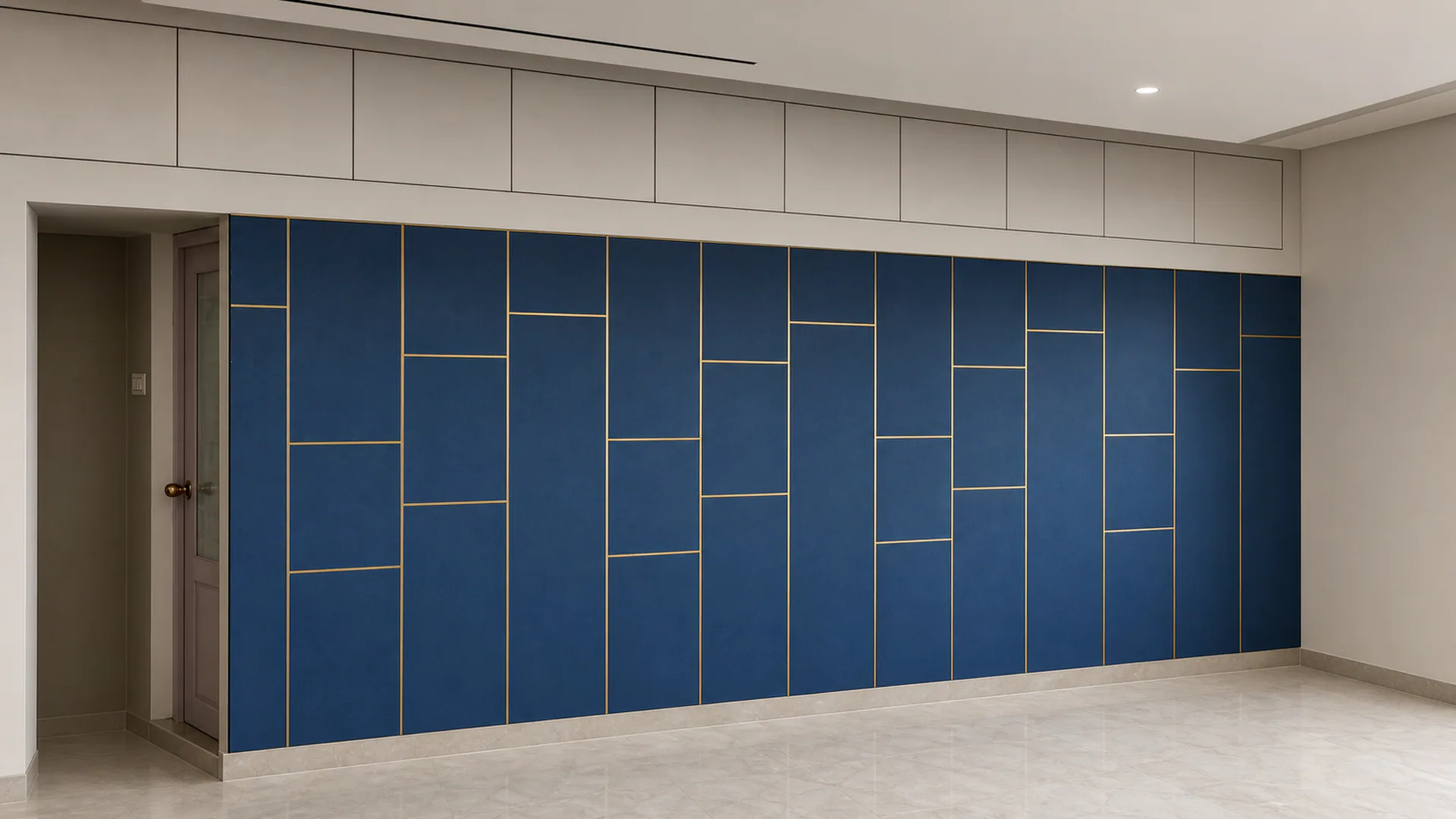 Long blue paneled storage wall with a doorway at one end.