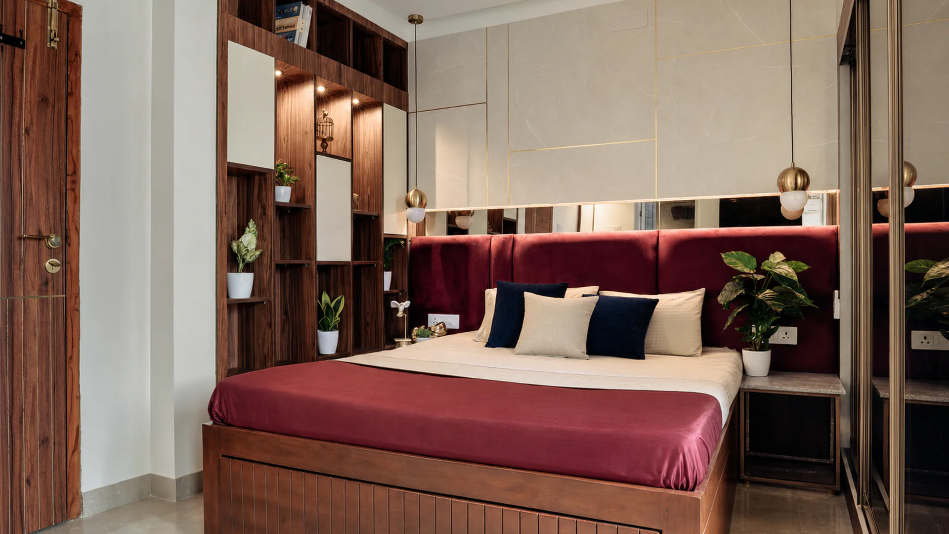 Bed with a burgundy headboard beside open shelving and mirrored wardrobe doors.