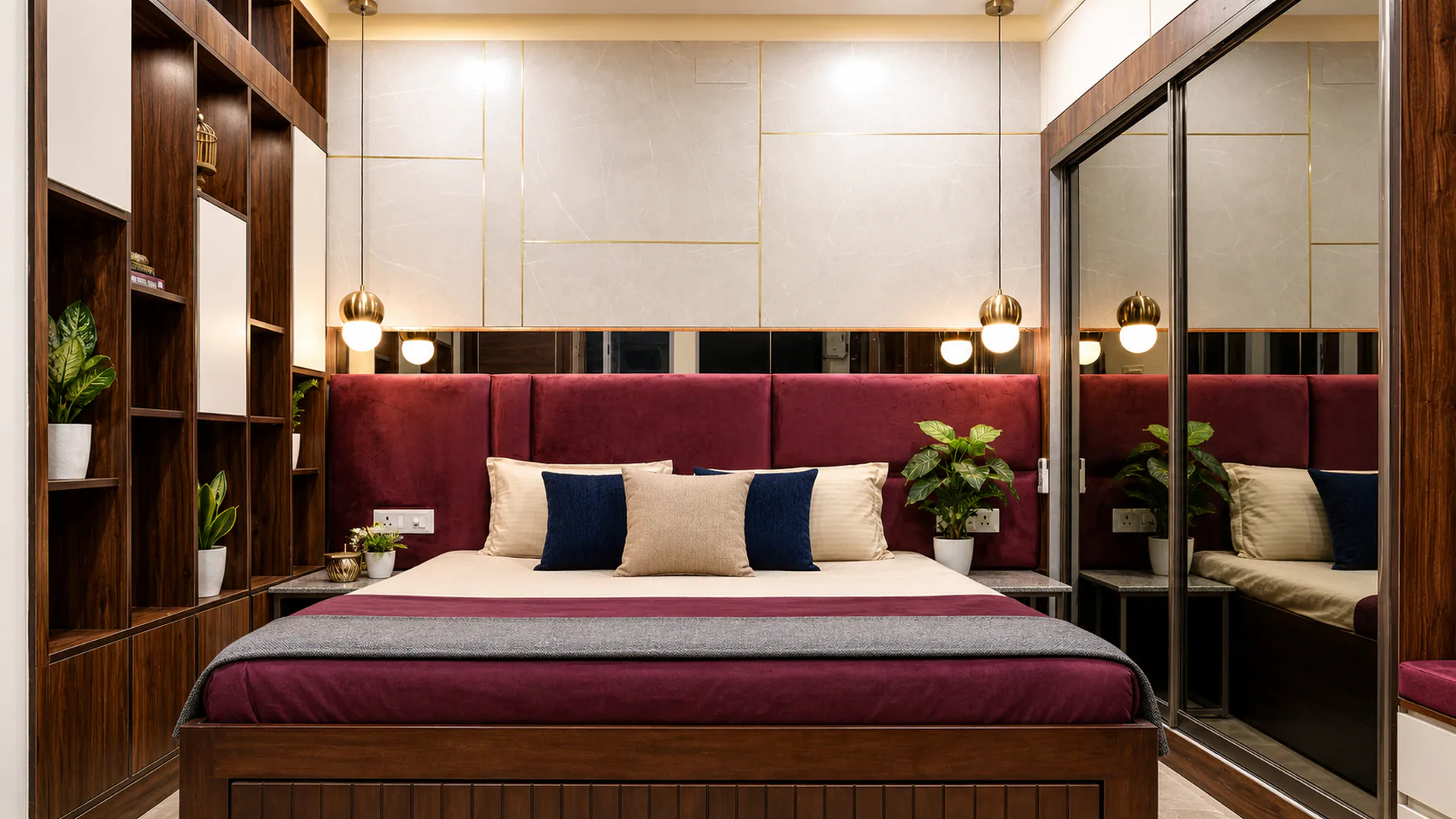 Front view of a bed with burgundy headboard, pendant lights and mirrored storage.