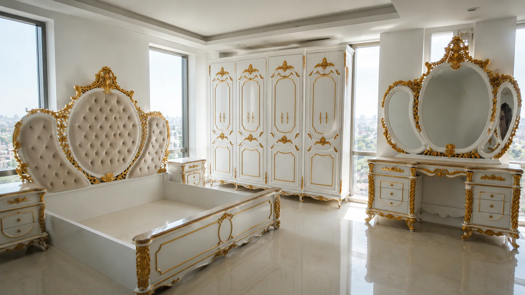 Bedroom with a decorative headboard, built-in storage and a window-side dressing area.